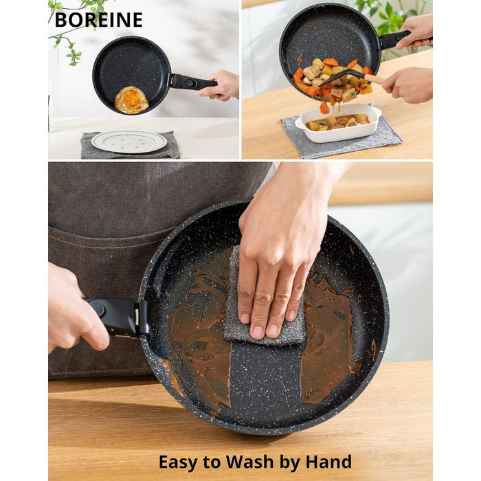 Набір посуду BOREINE 14 предметів: каструлі та сковороди з антипригарним гранітним покриттям (PFOA-free), знімні ручки, для всіх типів плит (індукція, склокераміка, газ, духовка), коричневий