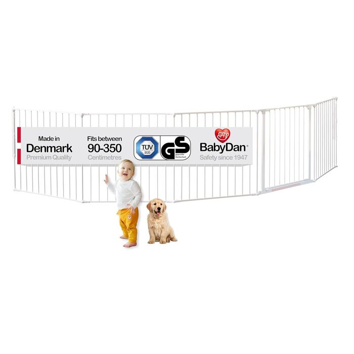 BabyDan Flex XXL – захисне бар'єр для каміну та сходів, перегородка для кімнати, білий, 90-350 см, Данія