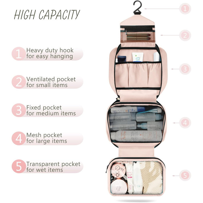Сумка для косметики Maliton з підвішуванням, водонепроникна | Велика дорожня сумка для подорожей, ділових поїздок, спорту, плавання | Косметичка для жінок та чоловіків з 4 відділеннями, складна та компактна (Рожева)