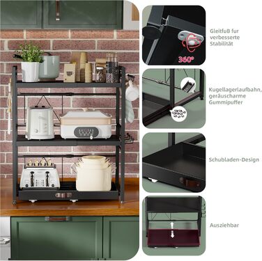 Регульована мікрохвильова полиця NETEL 2-ярусна, полиця над мікрохвильовою піччю, підставка для мікрохвильовки, кухонна полиця для стільниці, полиці для випічки, кухонна полиця з тримачем для напоїв та кошиком, чорна, висувна 40-60 см (3-ярусна з 2 тримач