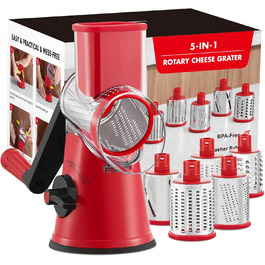 Тертка для сиру GDL з ручкою, оновлена терка для овочів з 5 дисками, терка-нарізач для овочів, зручна та швидка, терка для сиру, морозива, горіхів, огірків, моркви (червона)