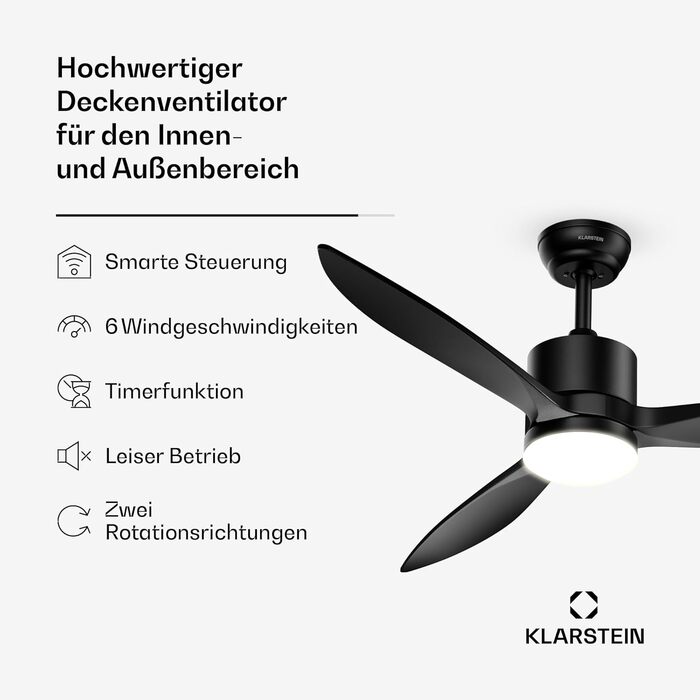Стельовий вентилятор Klarstein SkyBreeze з підсвічуванням та дистанційним керуванням для вулиці (IP44), 6 швидкостей, димування, 132 см, чорний, Smart