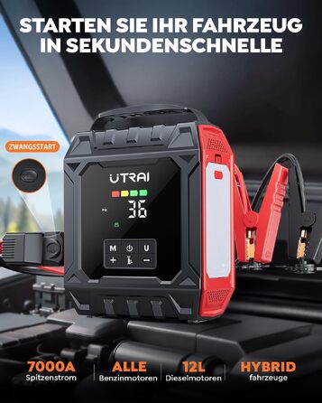 Пусковий пристрій UTRAI 7000A з компресором 160 PSI та Powerbank для авто (бензин, дизель до 12л), магнітний ліхтар 1000 Лм, 18 Вт, червоний
