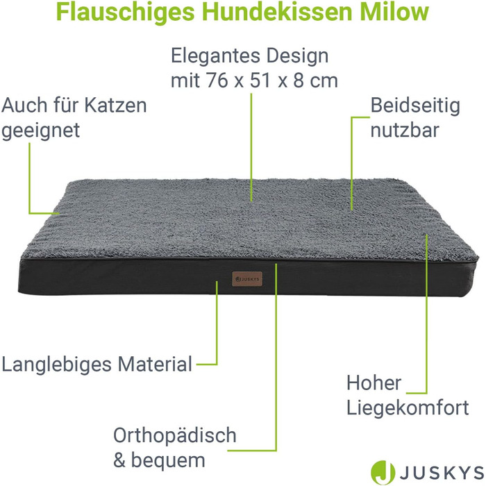 Ортопедичне ліжко для собак Juskys Milow, 76x51 см - м'яке та стабільне, знімний та пральний чохол. Підходить для маленьких собак - сірий колір.