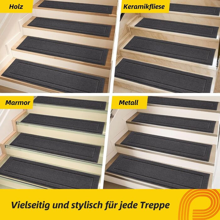 Килимок для сходів JSEI, 15 шт., 20.3 x 76.2 см, антиковзкий, для дітей та домашніх тварин, 100% поліестер, TPE-підкладка, темно-сірий