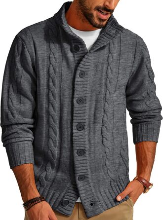 Чоловічий в'язаний кардиган PJ PAUL JONES з ґудзиками, візерунок коси, для осені/зими, темно-сірий, розмір M