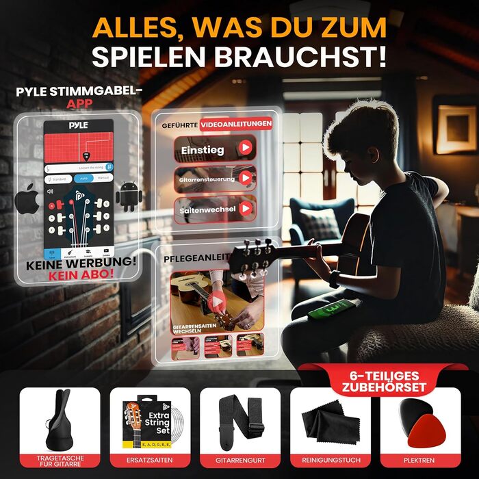 Акустична гітара Pyle для дітей та початківців, ½ розміру, з аксесуарами (сумка, тюнер, медіатор), чорна матова, 76 см