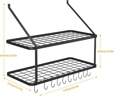 Warmiehomy Kitchen Wall Pot Rack, Wall Shelf Kitchen with 10 Hooks, 2-Layer Pot Pan Organizer, Hanging Spice Rack, Wall Mounted Kitchen Utensil Holder Kitchen Shelf (74.9x34.8x58.9 cm)