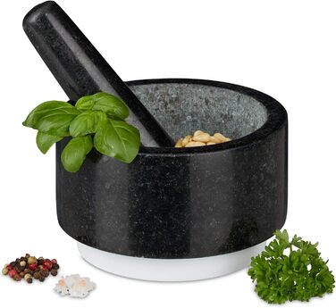 Гранітний ступка з толуштою Relaxdays – 14 см, 400 мл, сірий/білий | Для спецій та трав