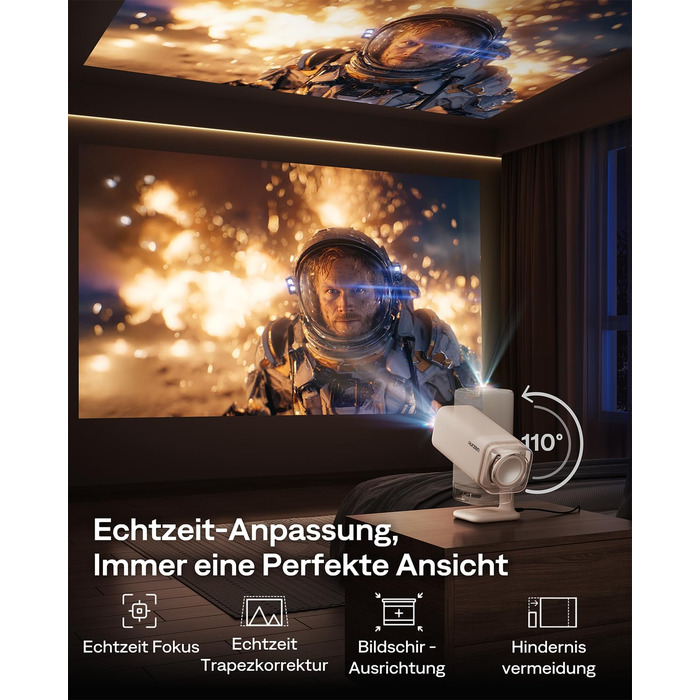 Smart проєктор Aurzen Boom Air Mini Beamer з Google TV та Netflix, 4K, USB-C, Dolby Audio, WiFi, Bluetooth, TOF автофокус, обертовий стійкий, кремовий