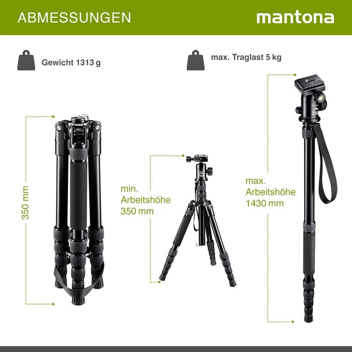 Штатив Mantona DSLM Travel - чорний, для камер, з кульковою головкою, до 5 кг