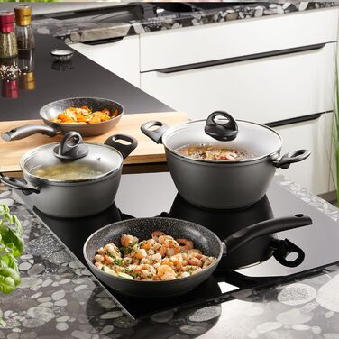 STONELINE Ceramic Cookware Set, 16-Piece, 18/20/24/28 cm Pots and Pans, PFAS-Free, Cookware Set with Lids, Ceramic Coating with Real Stone Particles, Grey, 16-Piece