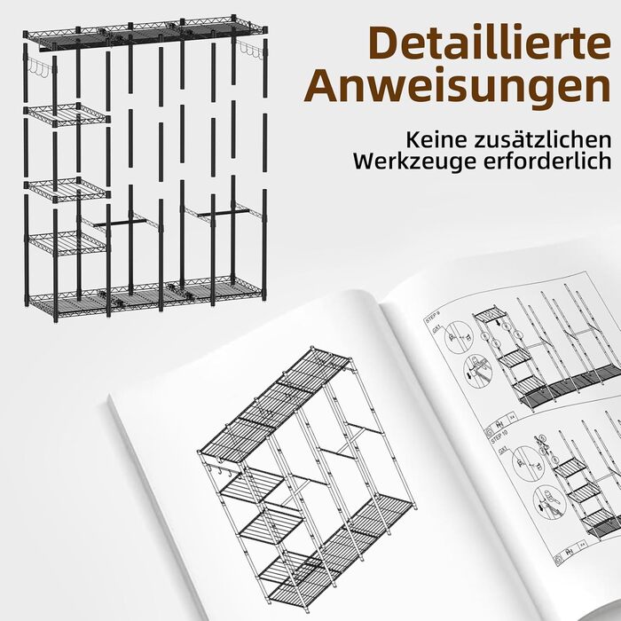 Відкритий шафа-система AQRA: зручний шафа-організатор з 9 полицями та 5 штангами для одягу, стійка для одягу з місткою конструкцією (193.5x43.5x195 см)