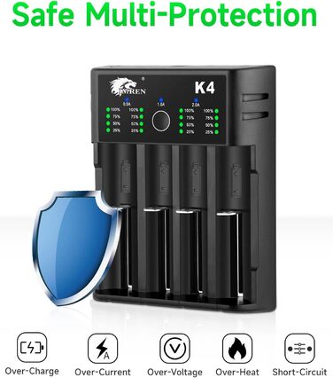 Зарядний пристрій IMREN 18650 з 4 слотами, 2A, USB-C для Li-Ion акумуляторів 18350, 14500, 14650, 17500, 18700, 20700, 21700, 22650, 26650, 1.2V NI-MH/NI-Cd AA AAA C