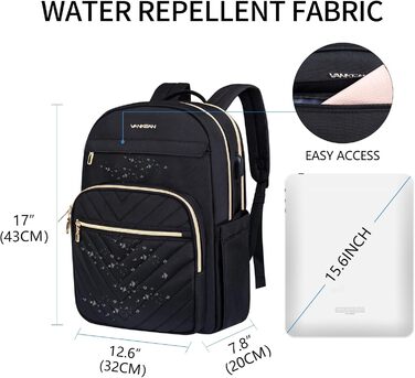 Чорний рюкзак для ноутбука 15.6 дюймів Vankean: водонепроникний, з USB-портом для зарядки, для жінок та чоловіків, для роботи, навчання, подорожей та кемпінгу