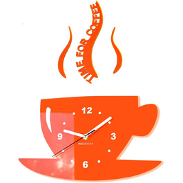 FLEXISTYLE Coffee Time Mug Wall Clock for Modern Kitchen, 3D Roman Numerals, Wall Clock Decoration, 32 x 19 cm (32 x 19 cm, Orange)