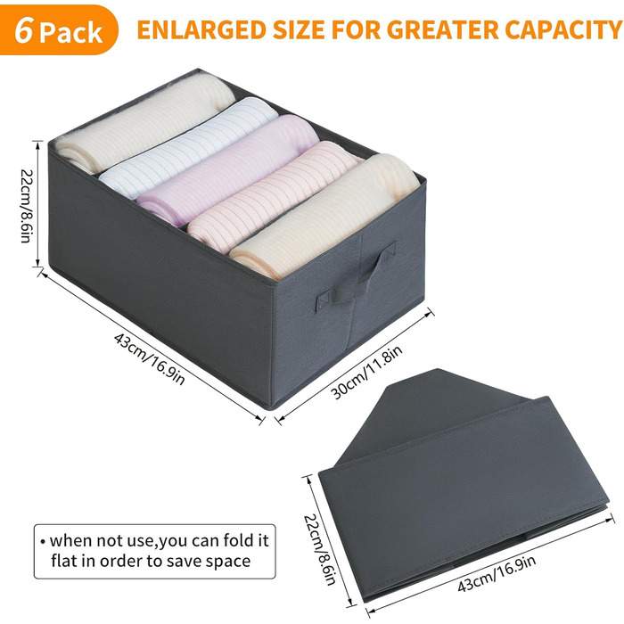 BIGLUFU 6-Piece Closet Organizer Fabric Folding Storage Box Set with 7 Compartments Drawer Organization System Storage for Clothes, T-shirts, Pants, Underwear, Jeans (5 compartments)