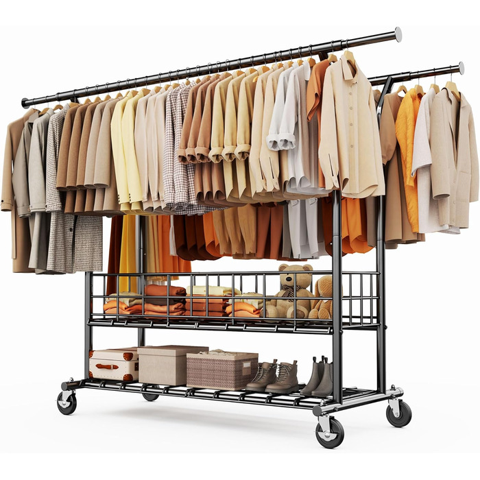 Підставка для одягу HOKEEPER на коліщатках, важка, з подвійною перекладиною, до 283 кг, D004K