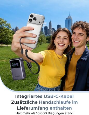 Power Bank UGREEN 10000mAh 55W з вбудованим кабелем, PD 45W, Mi Turbo Charge для Xiaomi, сумісний з iPhone 15/16/17 (Сірий)
