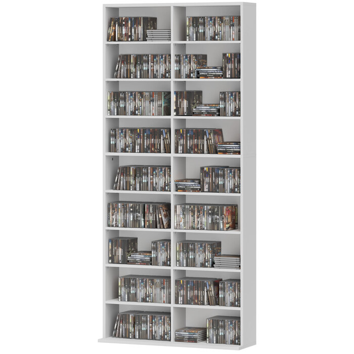 Стойка для CD/DVD/Blu-ray HOMCOM Regal для до 640 CD або 360 DVD або 430 Blu-ray дисків, органайзер для дисків, книжкова полиця, медіа-полиця для вітальні, 78,5 x 24 x 175 см, білий | Aosom
