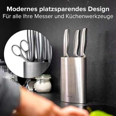 Coninx Knife Block without knives - Knife block with brush insert - Knife Block in Silver - Universal empty knife block stainless steel - Empty knife holder - Suitable for all kitchen knives