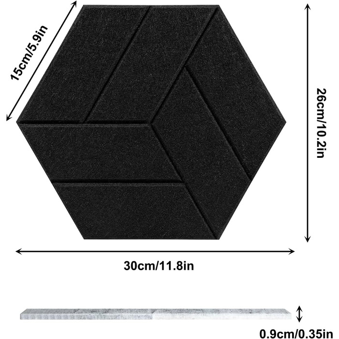 Акустичні гексагональні панелі з шумопоглинаючого поролону, самоклеючі шестикутні панелі для звукоізоляції студії, офісу та ігрової кімнати, 30x26x0.9 см, чорні (12 шт)