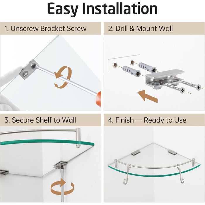 Скляна поличка для душу/ванної кімнати KES - настінна скляна поличка з нержавіючої сталі SUS304, BGS101A--P