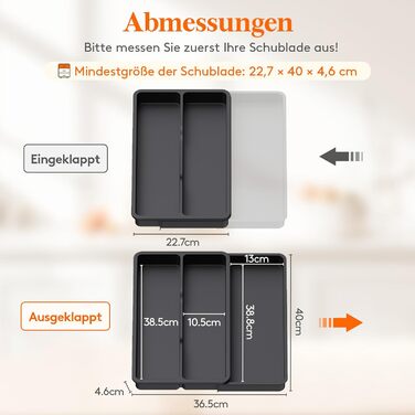 Органайзер для столових приладів Lifewit в шухляду, розширюваний (43.9 см), чорний, 23-37 x 40 x 4.6 см - для кухні, ложок, ножів, лопаток