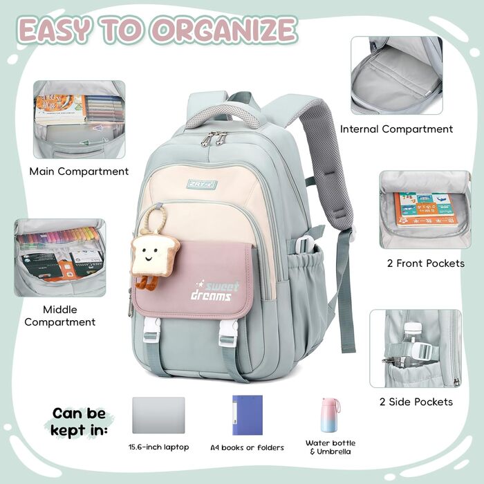 Шкільний рюкзак для дівчинки, комплект: рюкзак, сумка через плече, 36л, 3-7 клас, з брелоками (зелений)