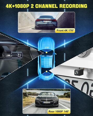 Відеореєстратор AQV Dashcam Auto Vorne und Hinten 4K з WiFi, 64GB SD, G-сенсор, Super Night Vision, 170°+140° Кут огляду, Black-D18