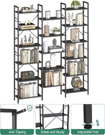 Книжкова шафа Hzuaneri з 17 полицями, 6 ярусів, регульовані полиці, 24x152x186 см, навантаження 340 кг, чорна з деревною текстурою, для вітальні та офісу