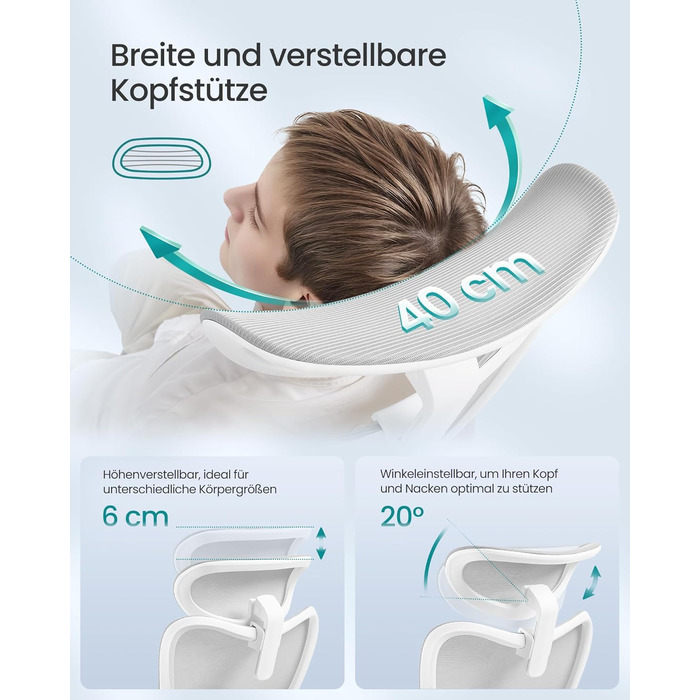 Офісний стіл SONGMICS - ергономічне крісло, комп'ютерне крісло з регульованою поперековою та підголовною підтримкою, до 150 кг, регульована висота, OBN066BH01 (Сірий голуб)