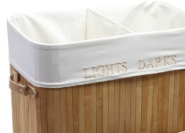 Wiltec Laundry Box 105 L Natural Laundry Basket with Lid made of Bamboo, Foldable Laundry Box with Linen Bag and 2 Compartments for Sorting Dirty Laundry