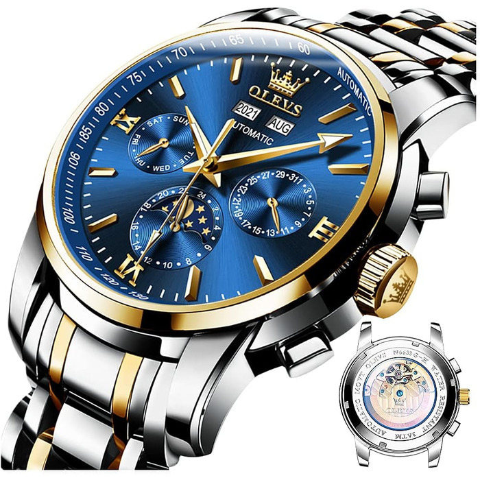Набір механічних автоматичних годинників для пари OLEVS з календарем та фазами місяця, двоколірні (синій колір, Tourbillon)