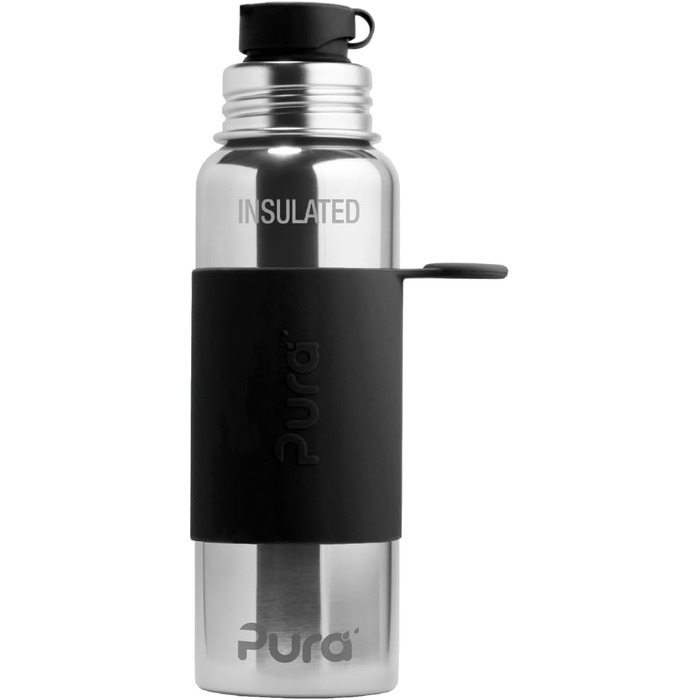 Pura Sport vacuum-insulated 650 ml stainless steel water bottle with silicone sport flip-top closure and sleeve, black (plastic-free, non-toxic certified, BPA-free)