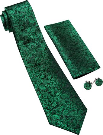 Набір краваток Barry.Wang з шовковим візерунком пейслі: краватка, кишеньковий хустинка, затискач для краватки (3 шт., зелений пейслі)