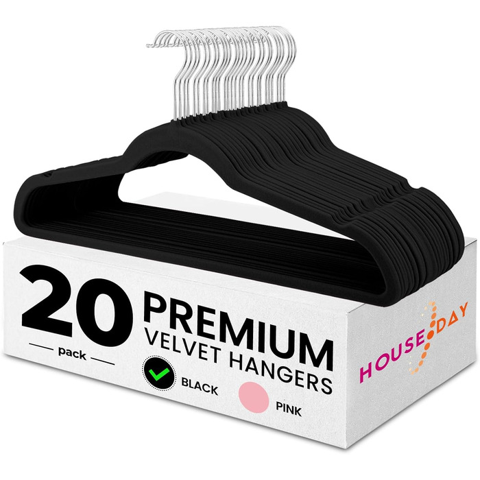 В'язки для одягу з велюру 20 шт. - В'язки для одягу, що економлять місце, для костюмів, тонкі антиковзаючі вішалки для штанів, поворотний гачок на 360°, широкі вішалки для одягу, міцні велюрові вішалки (Чорний)