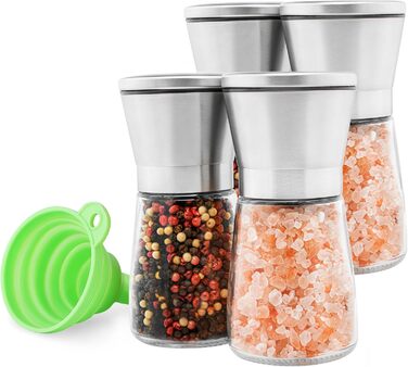 Набір з 4 мельниць для солі та перцю Gucass з регульованим керамічним жорном, ручні, сріблясті