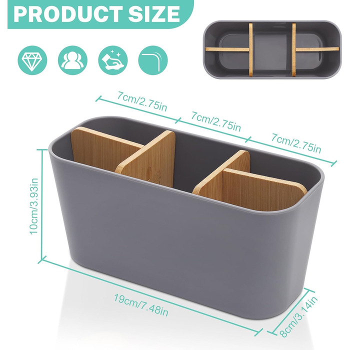 Тримач для зубних щіток з бамбуковими перегородками, сірий. Організатор для зубних щіток та пасти (4 щітки + 1 для пасти)