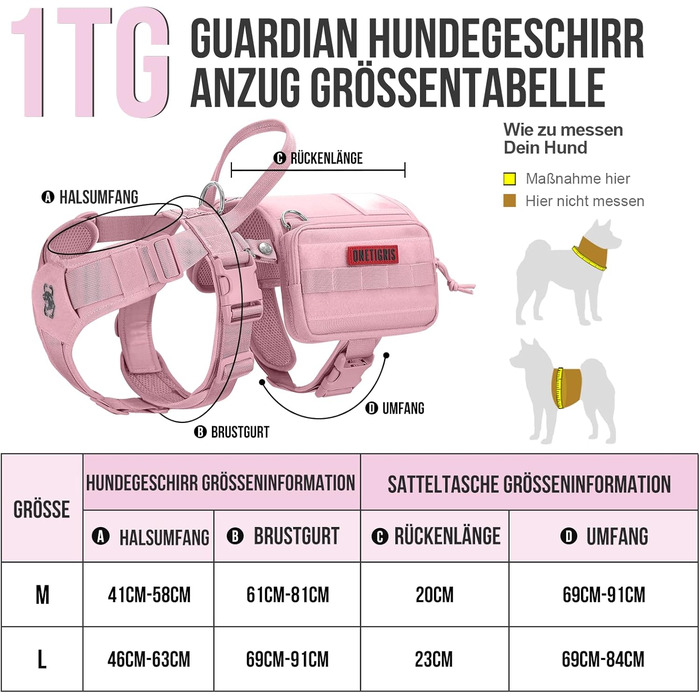 Нашийник для собак OneTigris Guardian з міцною металевою фурнітурою та великою кишенею, рожевий, M