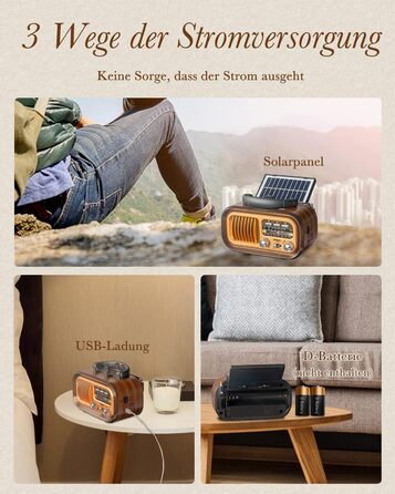 Вінтажне радіо Prunus J-150 AM/FM/SW з Bluetooth, USB/TF, сонячною панеллю та акумулятором 1200 mAh