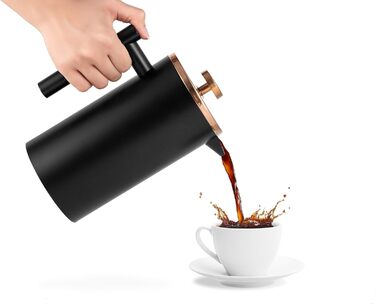 French Press MaxMiuly: Френч-прес для кави, 0.65 л, 3 чашки, нержавіюча сталь, термоізольований, чорний