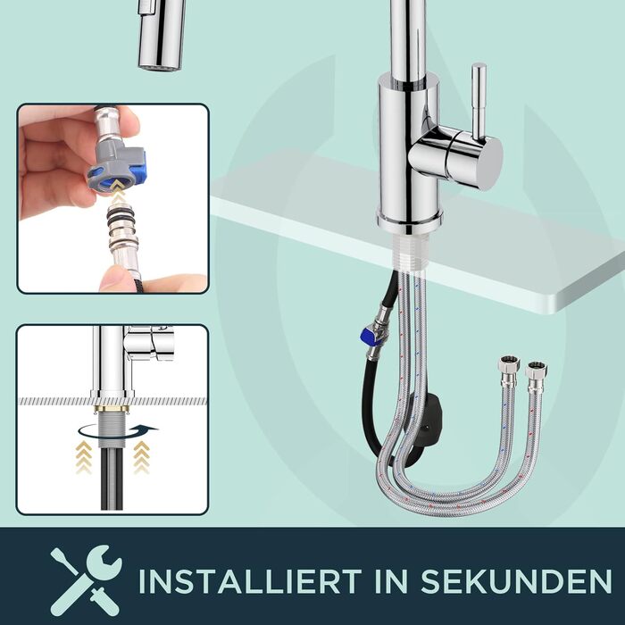 Змішувач кухонний FORIOUS чорного кольору з високим виливом та висувною лійкою, поворотний на 360°, полірований хром