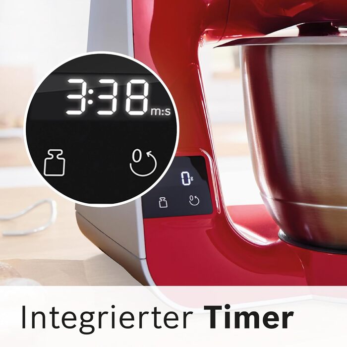 Bosch Kitchen Machine Series 4 MUM5X720, integrated scale, 3.9L stainless steel bowl, 1.25L mixer, professional dough hook, planetary mixing system, whisk, continuous slicer/shredder, 1000 W, Dark Red/Silver. Includes 2 accessories. Single.