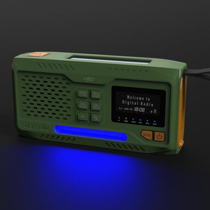 Радіо Infactory для надзвичайних ситуацій: мобільне DAB+ радіо з ручним приводом, сонячною панеллю, LED-дисплеєм, USB, Bluetooth 5