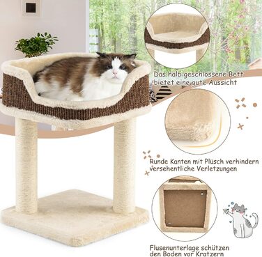 COSTWAY Cat Tree Small, Cat Tree with Large Plush Seat, Wooden Cat Scratching Post, Cat Furniture Climbing Tree, Activity Tree Play Tree, Natural Sisal Tower with Scratching Posts (Beige)