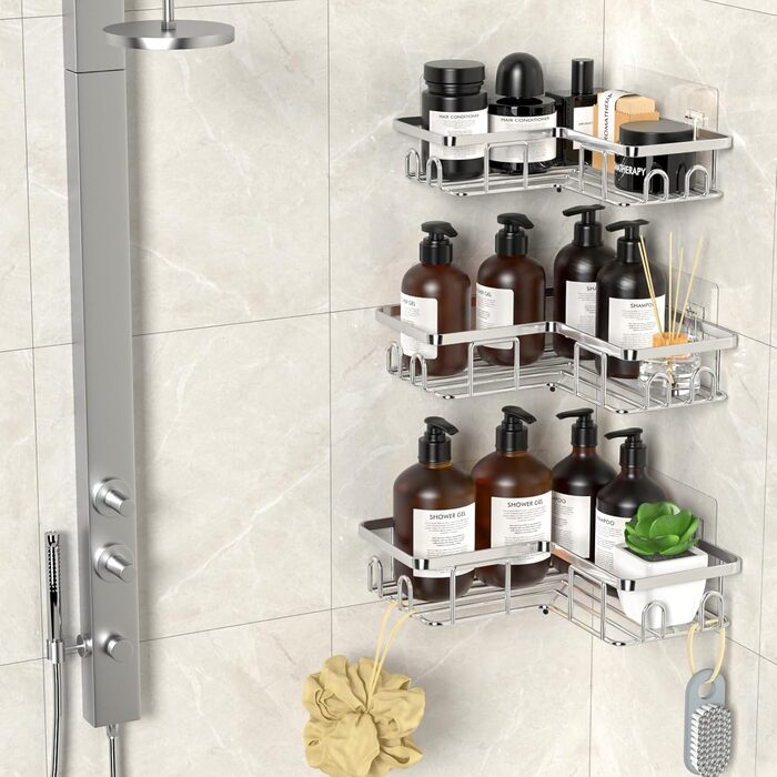Набір з 3 кутових полиць для душу без свердління, вологостійкий та антикорозійний, органайзер для ванної кімнати, тримач для шампуню та гелю для душу (чорний та срібний)
