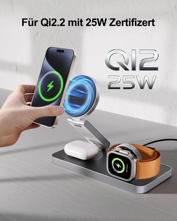 Бездротова зарядна станція 3-в-1 з Qi2.2 25W для Apple Watch та iPhone (MagSafe) + адаптер 35W, чорна