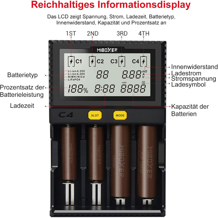 Зарядний пристрій для акумуляторів 18650 з 4 слотами, LCD-дисплеєм, для Li-Ion, LiFePO4, NI-MH, NI-Cd, AA, AAA, C, 18350, 18500, 18700, 20700, 21700, 26650, RCR123
