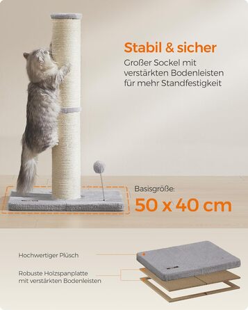 Feandrea Cat Tree, 85 cm tall, scratching post, 13 cm thick trunk, cat tree, scratching trunk for medium and large cats, sisal trunk, with plush ball and bell, Dove Gray PCA041G01
